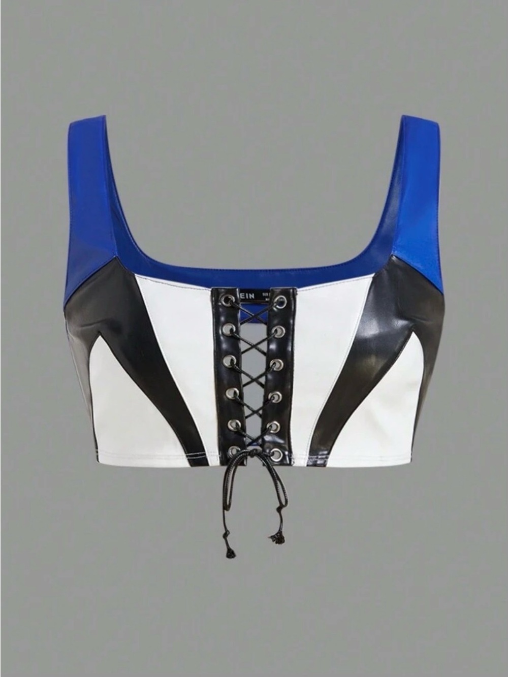 SHEIN Blue Black & White Faux Leather Lace-Up Corset Crop Top Size S